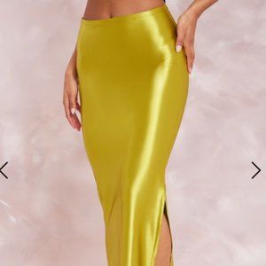 Olive Stretch Satin Split Side Maxi Skirt